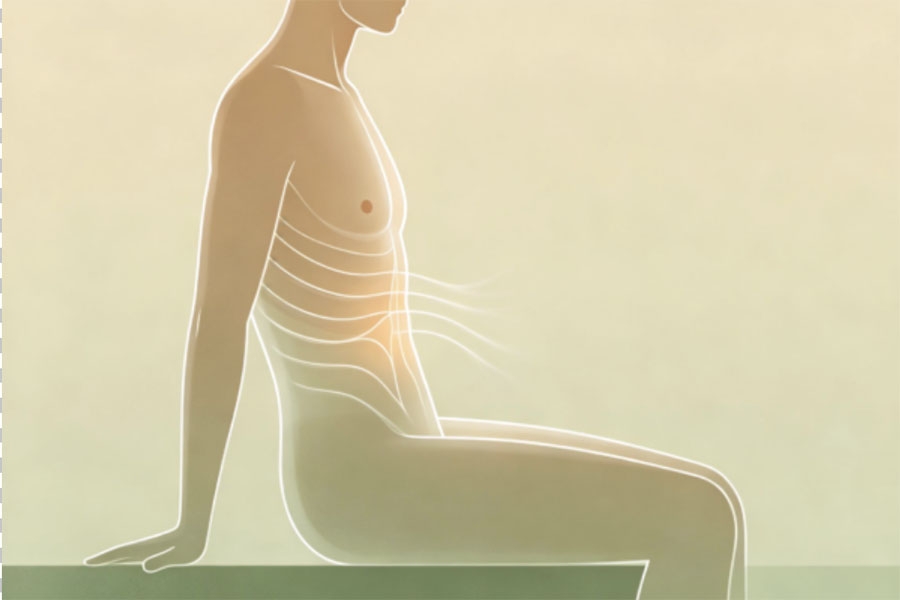 Seated posture showing calm abdominal breathing and fascial regulation before therapeutic intervention