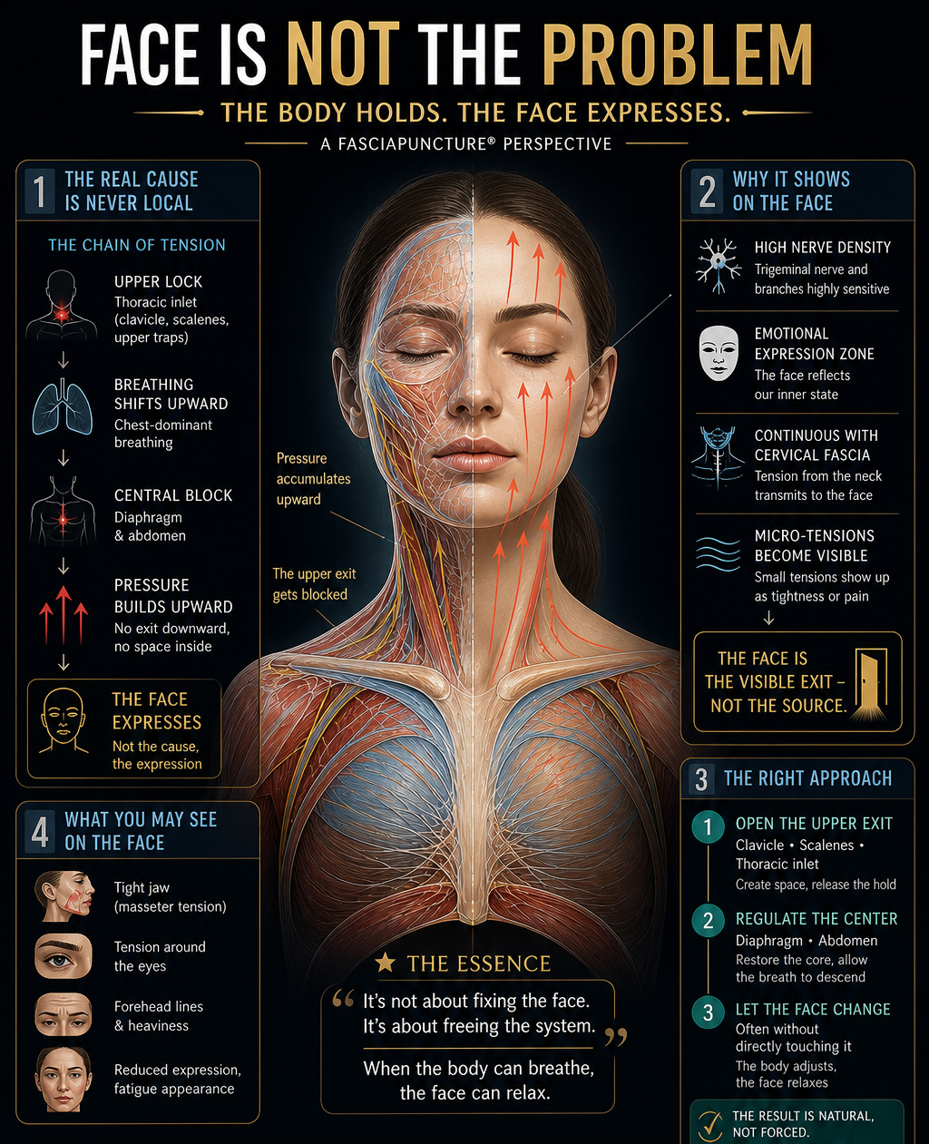  A fascia-based view of facial tightness, jaw pressure, eye strain,
            cranio-cervical restriction, autonomic overload, and protective tension patterns.