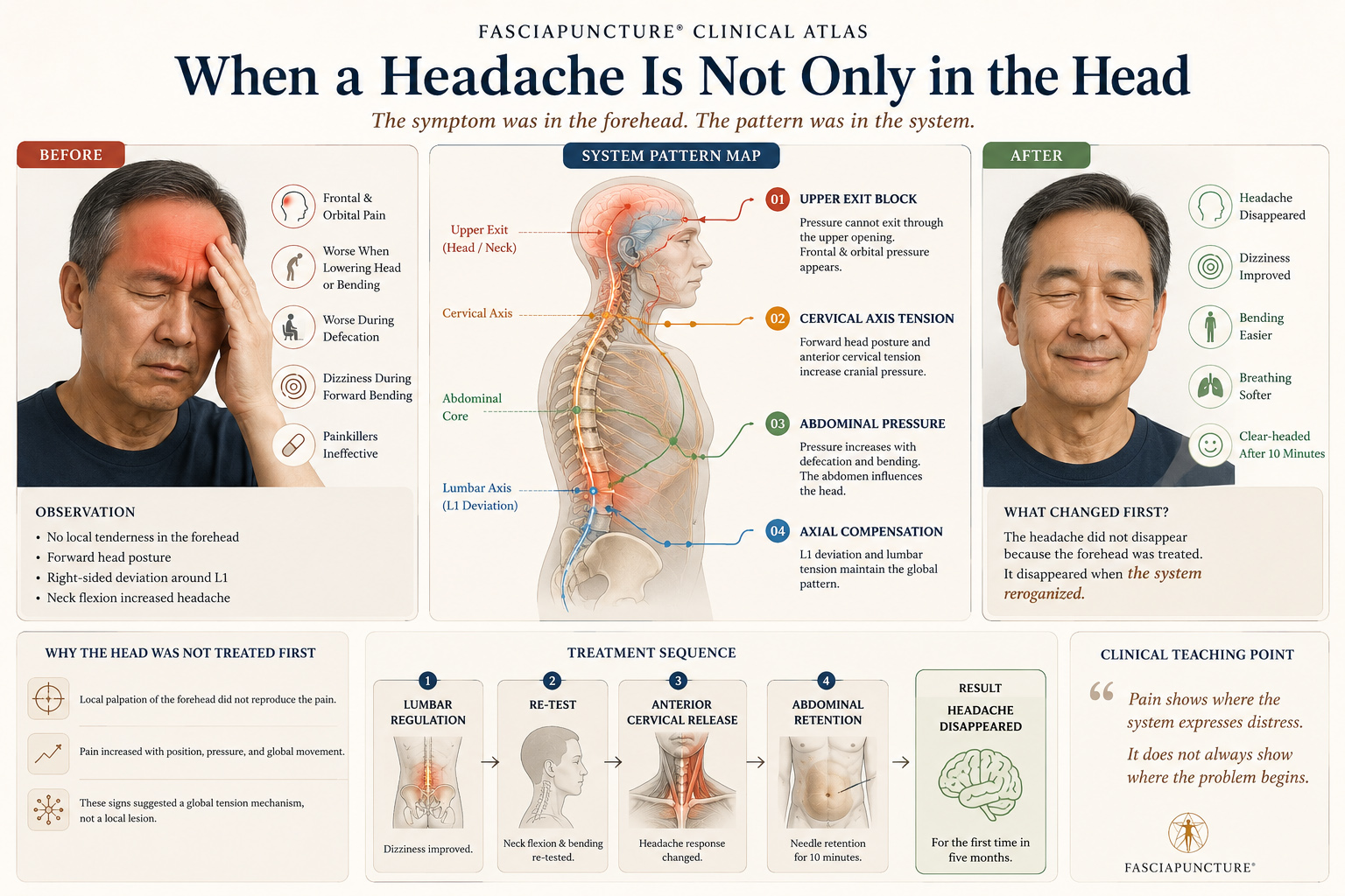A Fasciapuncture® clinical case showing how a five-month frontal headache, dizziness, and orbital pain resolved through fascia-oriented clinical reasoning rather than local symptom treatment.