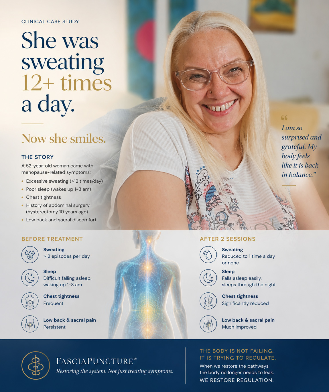 Patient smiling after Fasciapuncture session