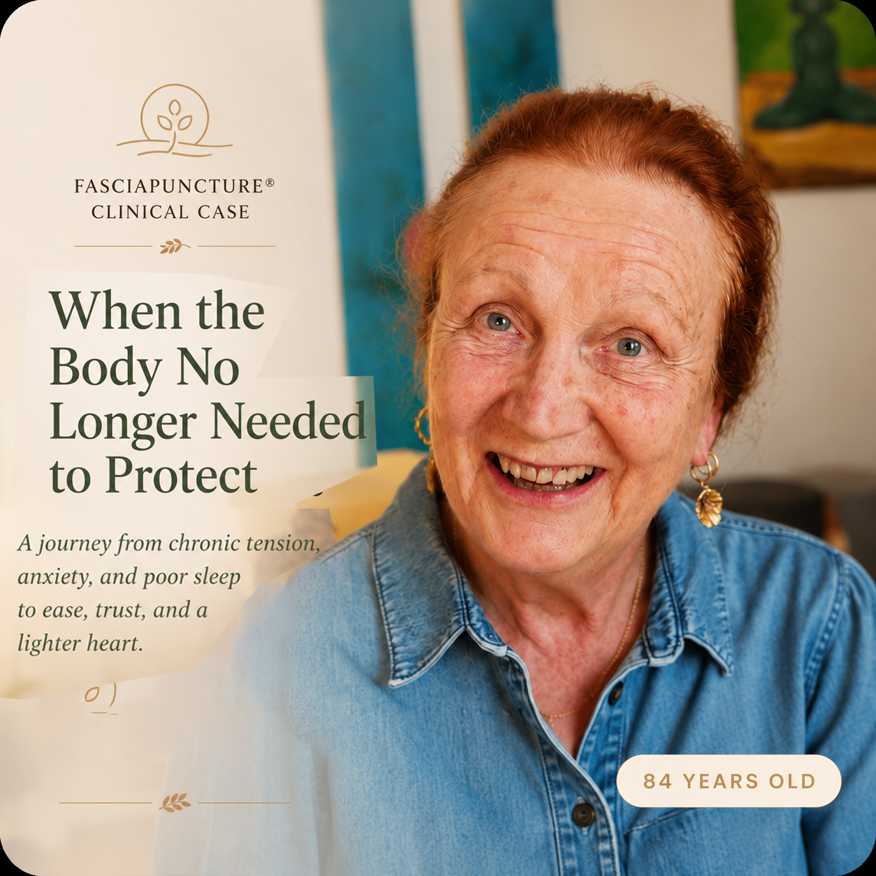 78-year-old woman smiling after Fasciapuncture care for anxiety sleep and cervical tension