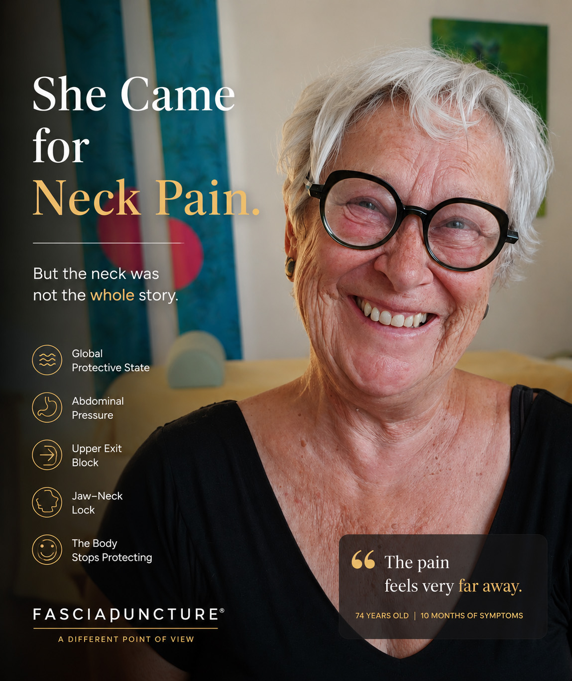 74-year-old woman smiling after Fasciapuncture session for neck and facial symptoms